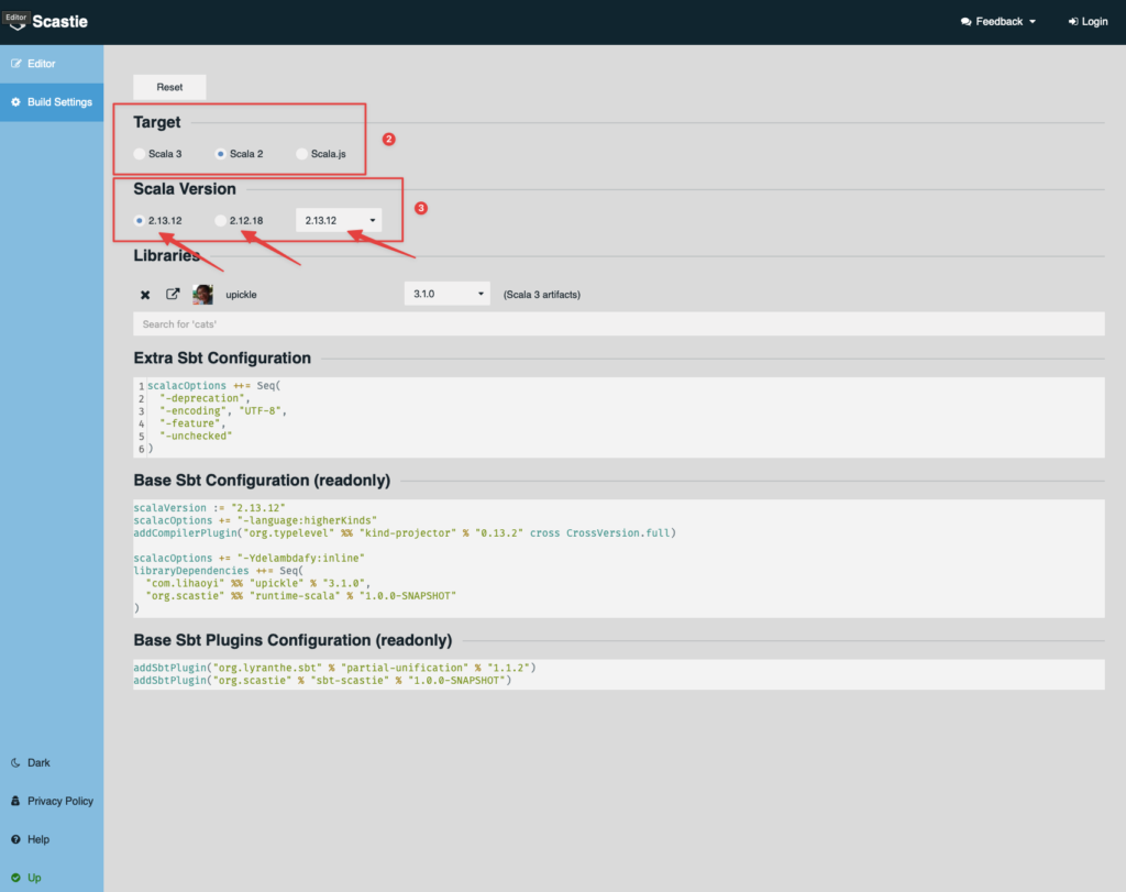 Scastie Scala versions