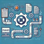 Ilustración de un entorno tecnológico que muestra engranajes, pipelines y líneas de código, representando la integración de Maven en pipelines de CI/CD.