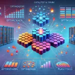 Diagrama conceptual del Optimizador Catalyst de Spark mostrando las fases de Optimización Lógica, Optimización y Plan Físico, con flujos de datos visualizados entre nodos conectados.