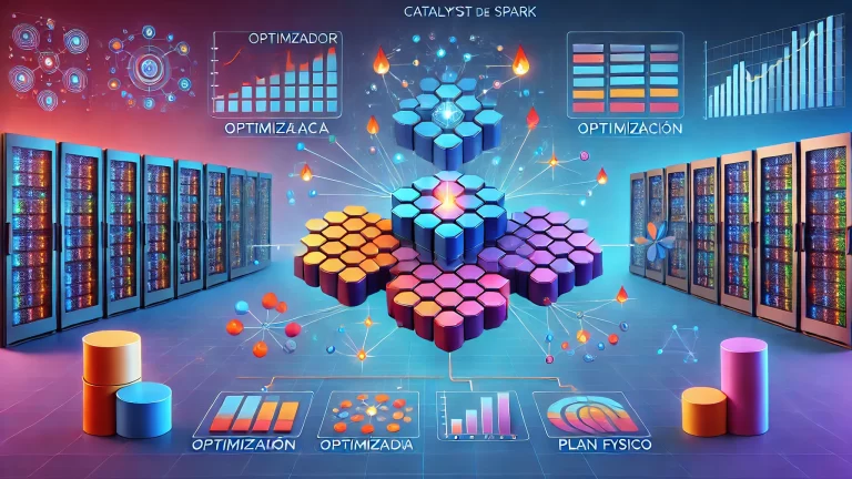 Diagrama conceptual del Optimizador Catalyst de Spark mostrando las fases de Optimización Lógica, Optimización y Plan Físico, con flujos de datos visualizados entre nodos conectados.